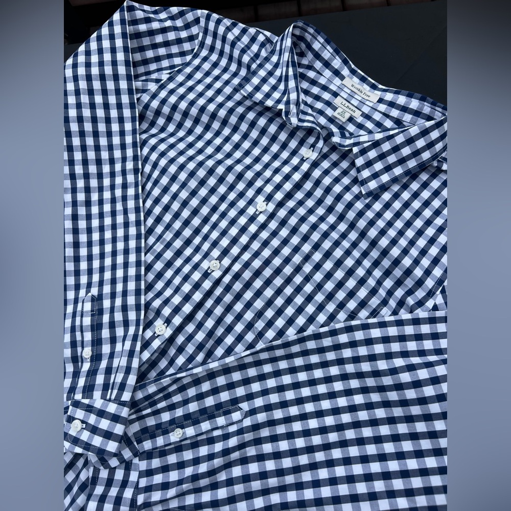 L.L. Bean Men's 2X Blue White Gingham Checkered Button Down Long Sleeve Shirt